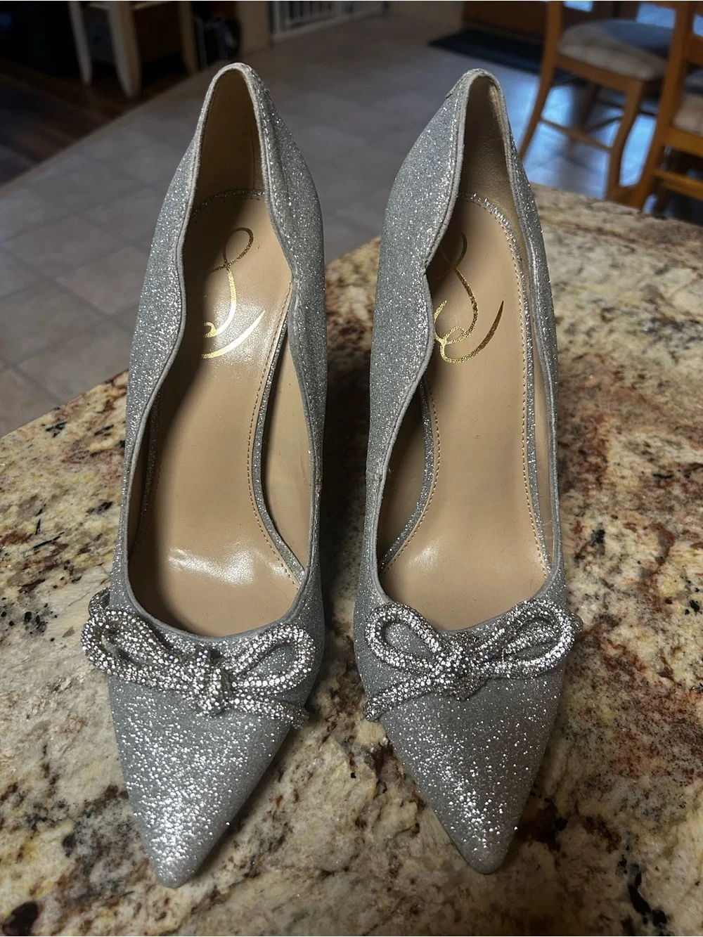 Sam Edelman 8.5 Silver Glitter Pointed Toe,Bow Stiletto Heels- Excellent Clean